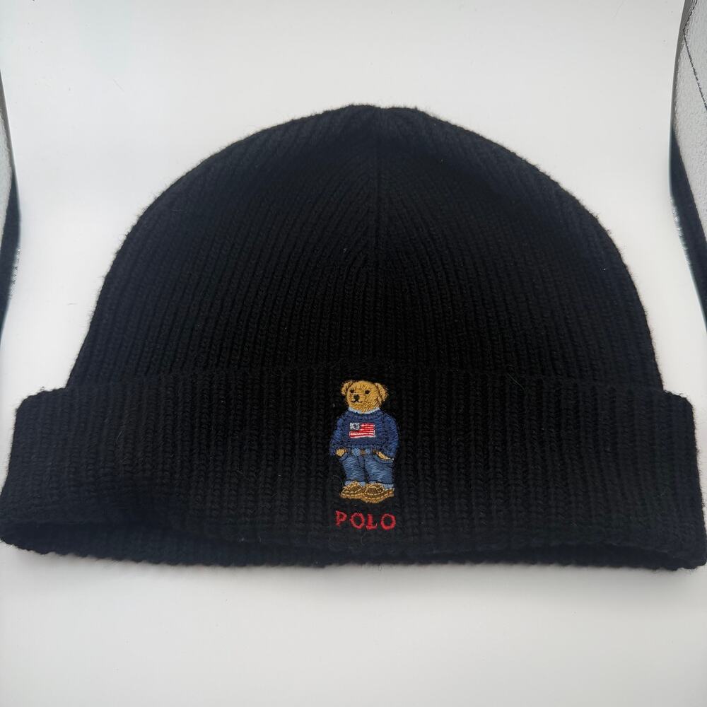 Polo Ralph Lauren Polo Bear Black Ribbed Knit Cuffed Beanie USA Flag One Size